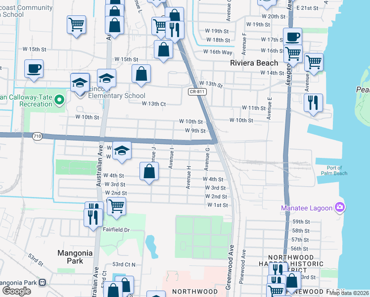 map of restaurants, bars, coffee shops, grocery stores, and more near 709 Doctor Martin Luther King Junior Boulevard in West Palm Beach
