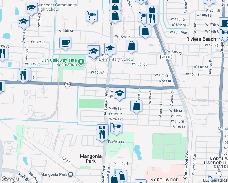 map of restaurants, bars, coffee shops, grocery stores, and more near 1102 West 7th Street in Riviera Beach