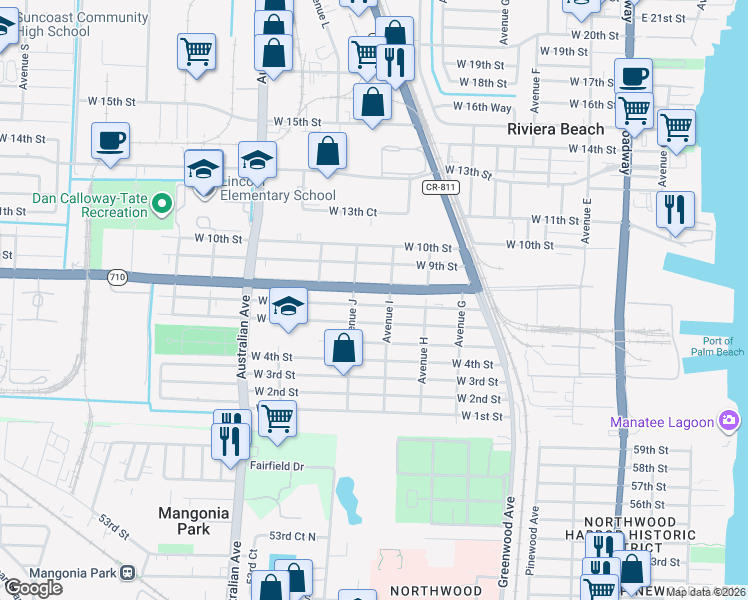 map of restaurants, bars, coffee shops, grocery stores, and more near 801 Doctor Martin Luther King Junior Boulevard in West Palm Beach