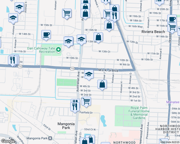 map of restaurants, bars, coffee shops, grocery stores, and more near 1102 West 7th Street in Riviera Beach