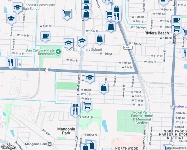 map of restaurants, bars, coffee shops, grocery stores, and more near 1000 Michigan Avenue in Riviera Beach