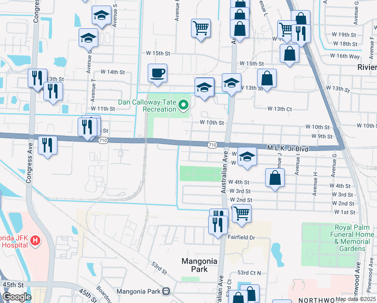 map of restaurants, bars, coffee shops, grocery stores, and more near 1412 West 7th Street in Riviera Beach