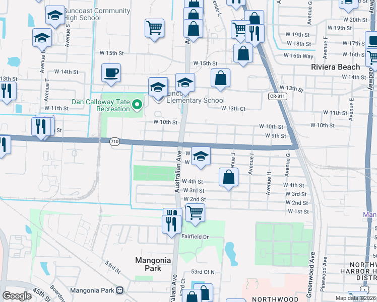 map of restaurants, bars, coffee shops, grocery stores, and more near 1136 West 7th Street in Riviera Beach