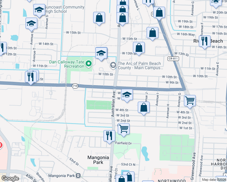 map of restaurants, bars, coffee shops, grocery stores, and more near 701 Australian Avenue in West Palm Beach