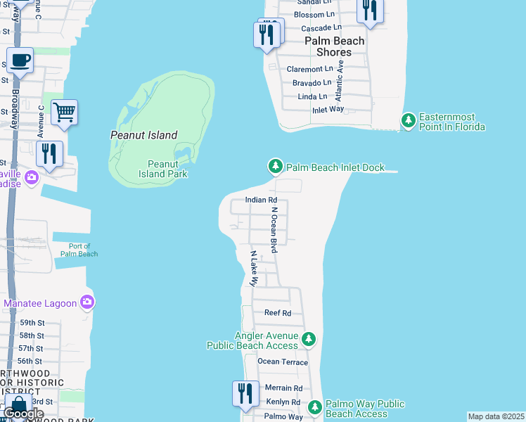 map of restaurants, bars, coffee shops, grocery stores, and more near 215 Arabian Road in Palm Beach