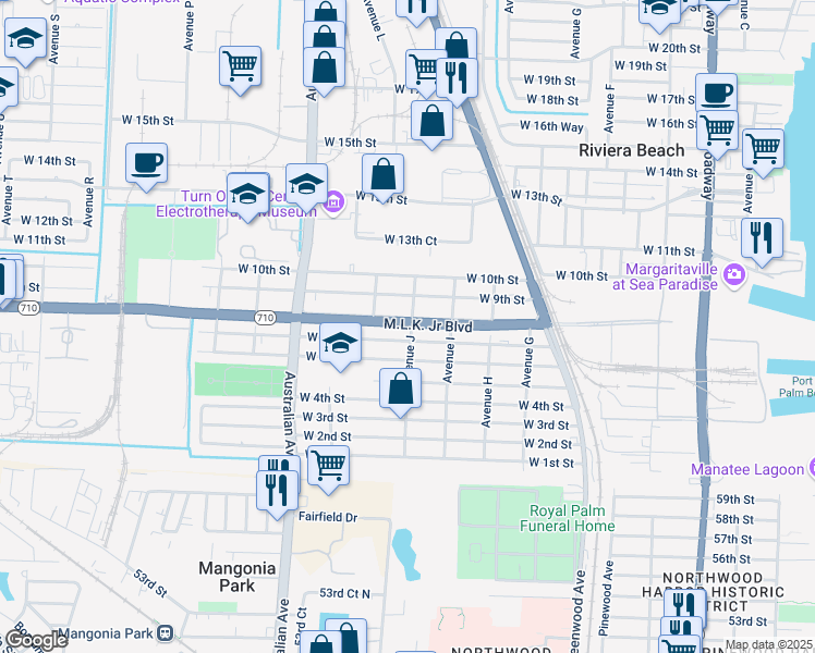 map of restaurants, bars, coffee shops, grocery stores, and more near 735 Avenue J in West Palm Beach