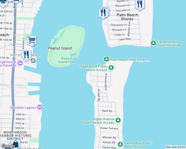 map of restaurants, bars, coffee shops, grocery stores, and more near 323 Arabian Road in Palm Beach