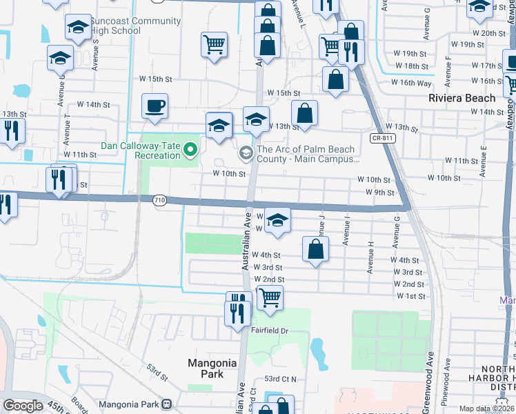 map of restaurants, bars, coffee shops, grocery stores, and more near 701 Australian Avenue in West Palm Beach