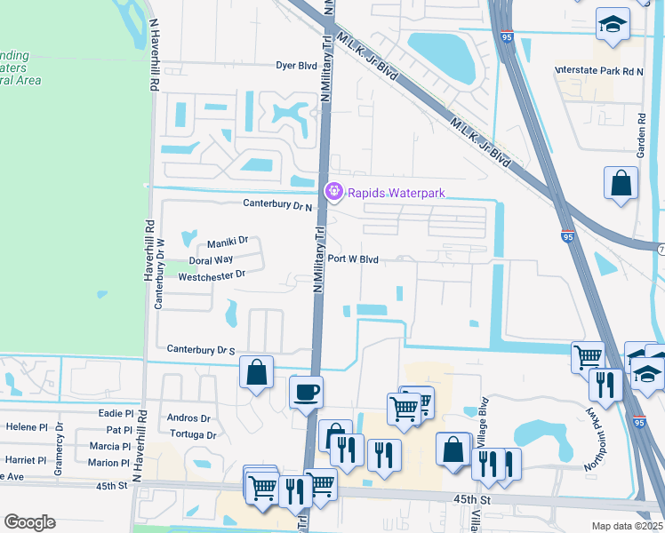 map of restaurants, bars, coffee shops, grocery stores, and more near 6250 North Military Trail in Riviera Beach