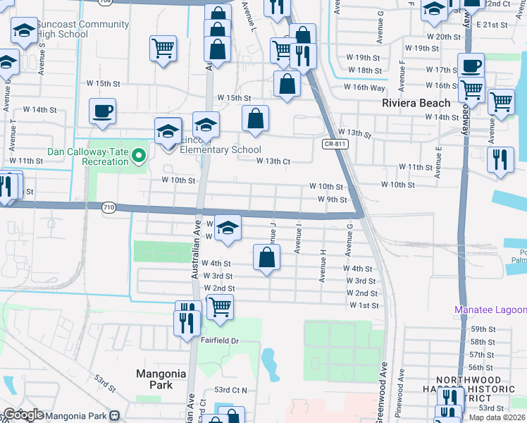 map of restaurants, bars, coffee shops, grocery stores, and more near 944 Martin Luther King Junior Boulevard in Riviera Beach