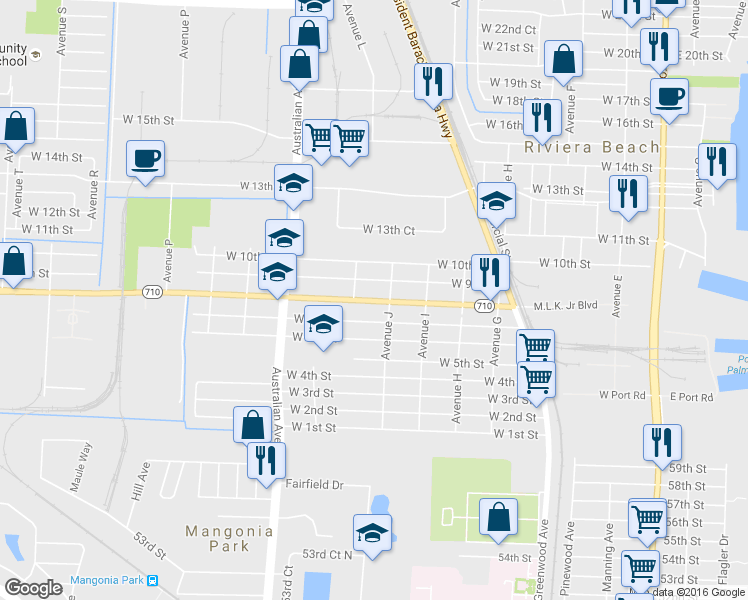 map of restaurants, bars, coffee shops, grocery stores, and more near 944 Martin Luther King Junior Boulevard in Riviera Beach