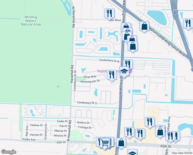 map of restaurants, bars, coffee shops, grocery stores, and more near 2531 Doral Way in Riviera Beach