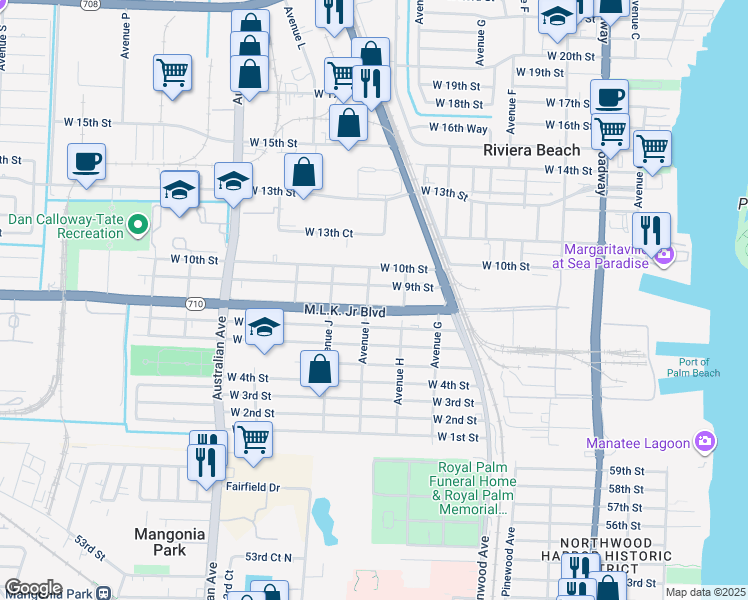 map of restaurants, bars, coffee shops, grocery stores, and more near 801 Doctor Martin Luther King Junior Boulevard in West Palm Beach