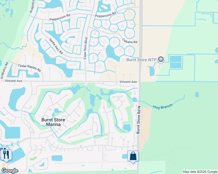 map of restaurants, bars, coffee shops, grocery stores, and more near 52 Big Pine Lane in Punta Gorda