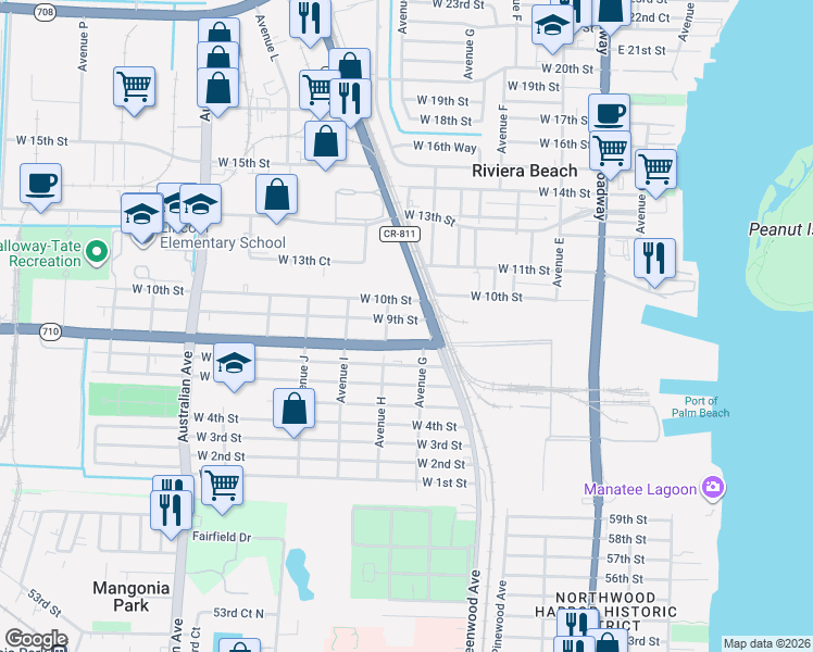 map of restaurants, bars, coffee shops, grocery stores, and more near 625 West 10th Street in Riviera Beach