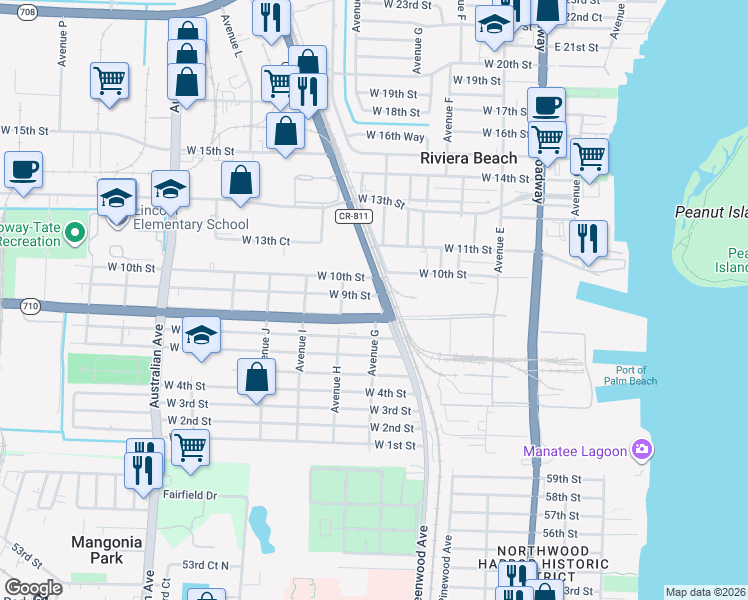 map of restaurants, bars, coffee shops, grocery stores, and more near 625 West 10th Street in Riviera Beach