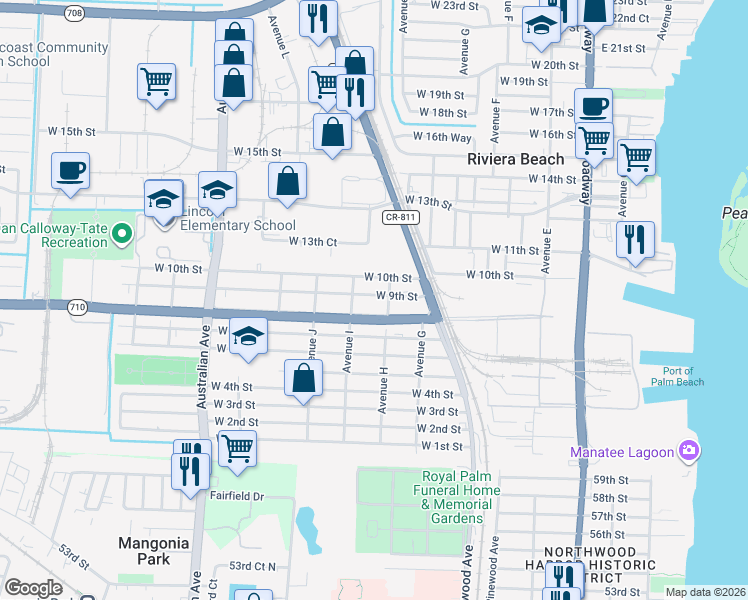 map of restaurants, bars, coffee shops, grocery stores, and more near 723 West 10th Street in West Palm Beach