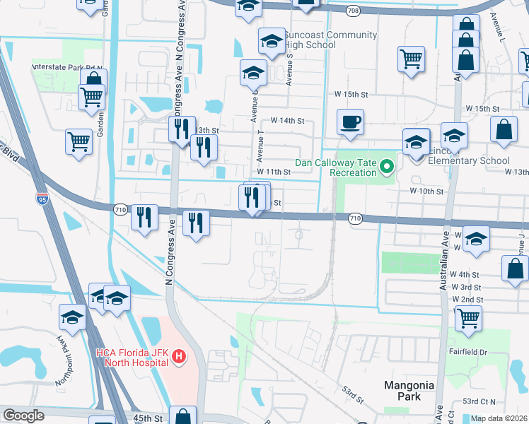 map of restaurants, bars, coffee shops, grocery stores, and more near 1640 Doctor Martin Luther King Junior Boulevard in West Palm Beach