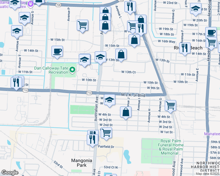map of restaurants, bars, coffee shops, grocery stores, and more near 1120 West 9th Street in West Palm Beach