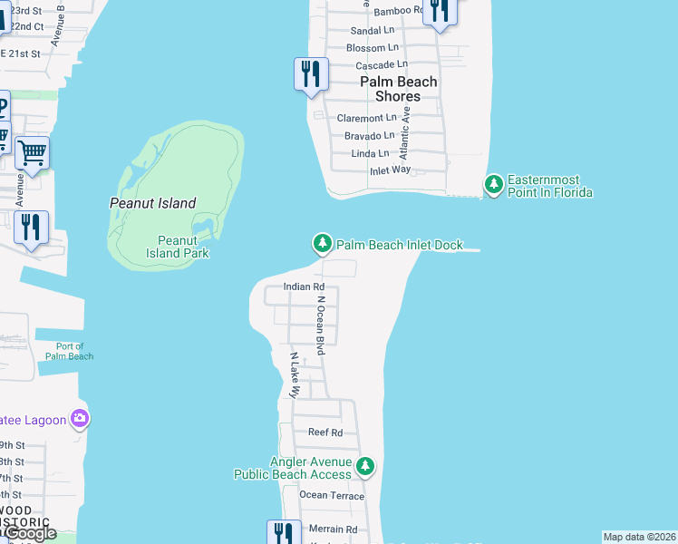 map of restaurants, bars, coffee shops, grocery stores, and more near 113 East Inlet Drive in Palm Beach