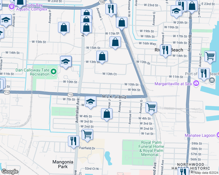 map of restaurants, bars, coffee shops, grocery stores, and more near 908 West 9th Street in West Palm Beach