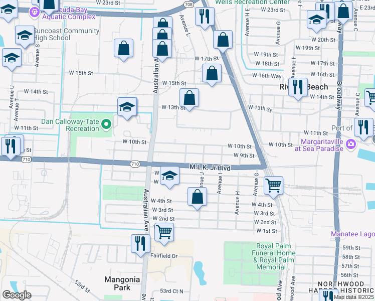 map of restaurants, bars, coffee shops, grocery stores, and more near 968 West 9th Street in Riviera Beach
