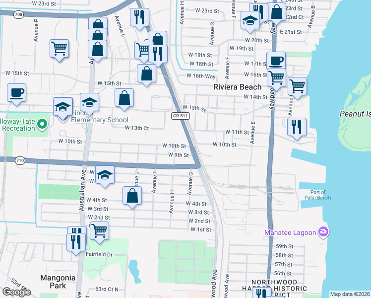 map of restaurants, bars, coffee shops, grocery stores, and more near 625 West 10th Street in Riviera Beach
