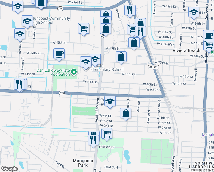 map of restaurants, bars, coffee shops, grocery stores, and more near 1120 West 9th Street in West Palm Beach