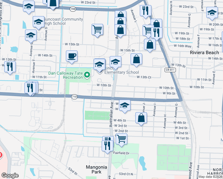 map of restaurants, bars, coffee shops, grocery stores, and more near 1204 West 9th Street in West Palm Beach