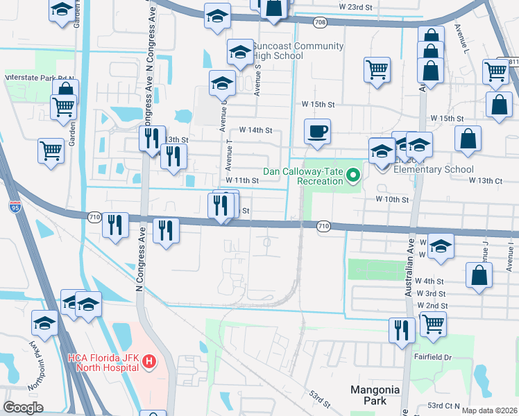 map of restaurants, bars, coffee shops, grocery stores, and more near 1572 West 9th Street in Riviera Beach