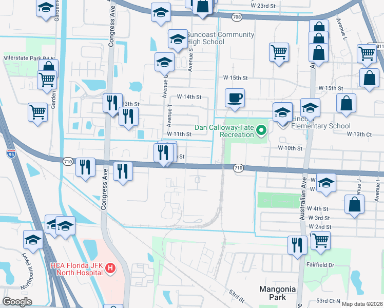map of restaurants, bars, coffee shops, grocery stores, and more near 1572 West 9th Street in Riviera Beach