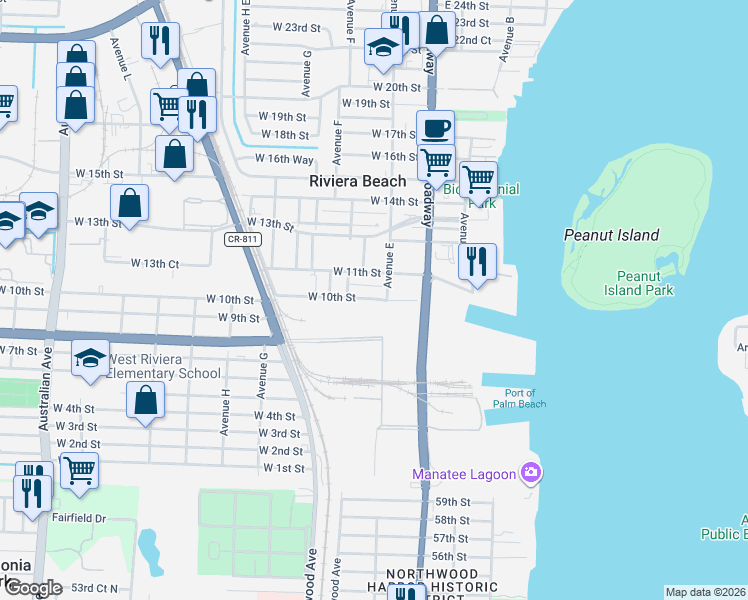 map of restaurants, bars, coffee shops, grocery stores, and more near 132 West 10th Street in West Palm Beach