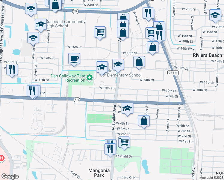map of restaurants, bars, coffee shops, grocery stores, and more near 1204 West 9th Street in West Palm Beach