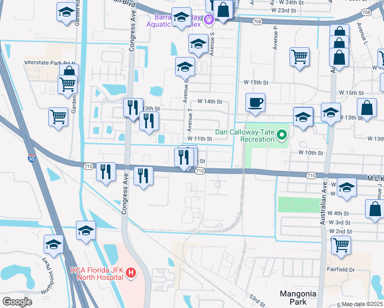 map of restaurants, bars, coffee shops, grocery stores, and more near 1625 West 9th Street in Riviera Beach