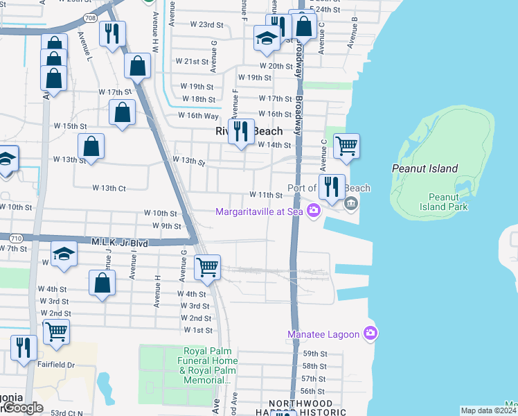 map of restaurants, bars, coffee shops, grocery stores, and more near 132 West 10th Street in West Palm Beach