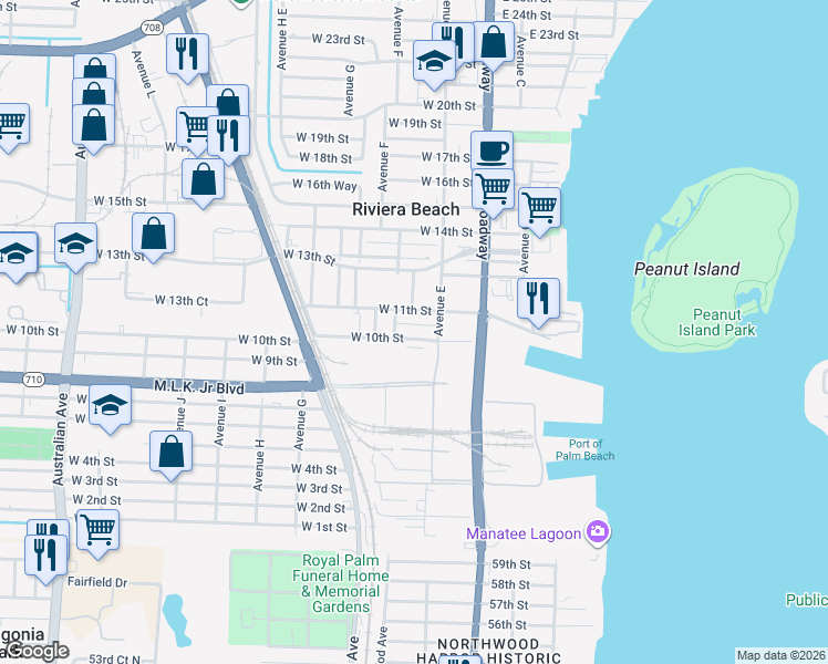 map of restaurants, bars, coffee shops, grocery stores, and more near 132 West 10th Street in West Palm Beach