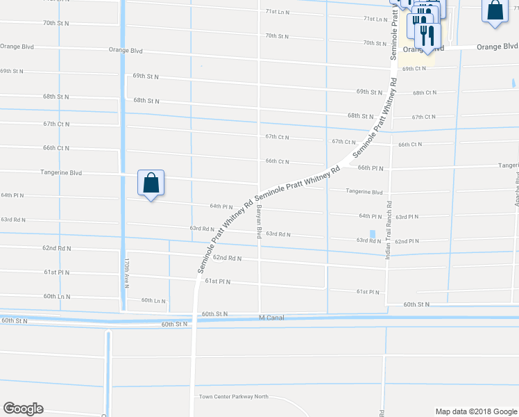 map of restaurants, bars, coffee shops, grocery stores, and more near 16499 64th Place North in Loxahatchee