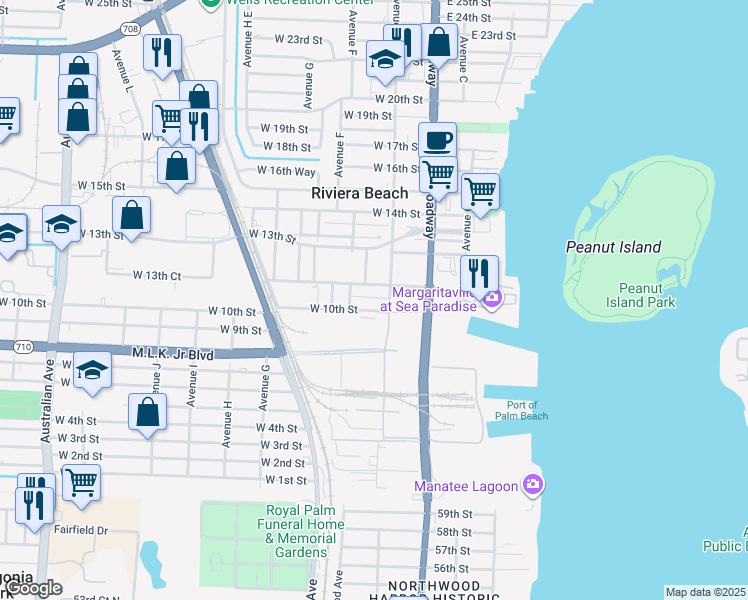 map of restaurants, bars, coffee shops, grocery stores, and more near 128 West 10th Street in Riviera Beach