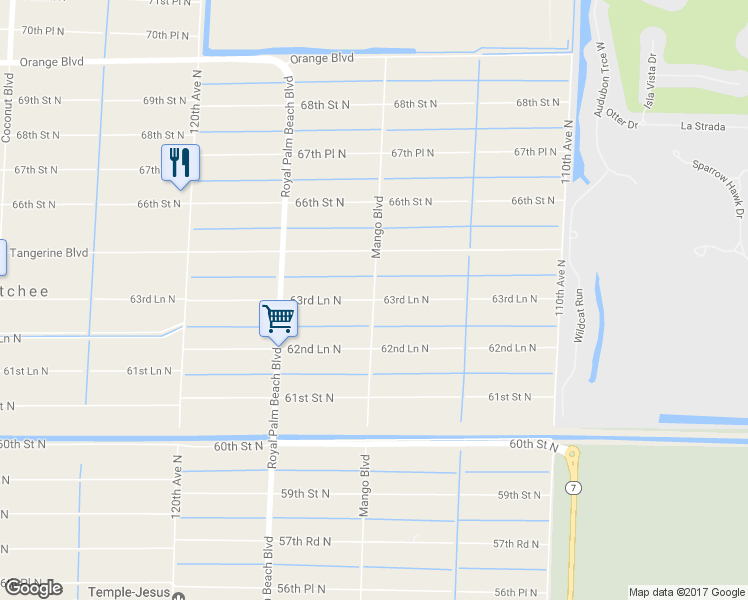 map of restaurants, bars, coffee shops, grocery stores, and more near Mango Blvd & 63rd Ln N in West Palm Beach