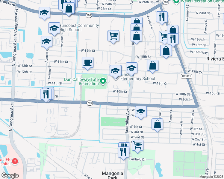 map of restaurants, bars, coffee shops, grocery stores, and more near 1160 Avenue North in Riviera Beach