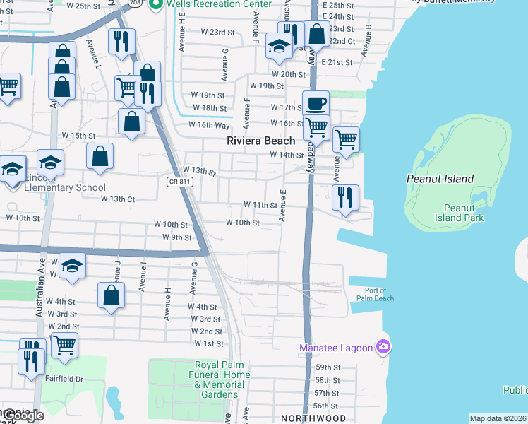 map of restaurants, bars, coffee shops, grocery stores, and more near 156 West 11th Street in Riviera Beach