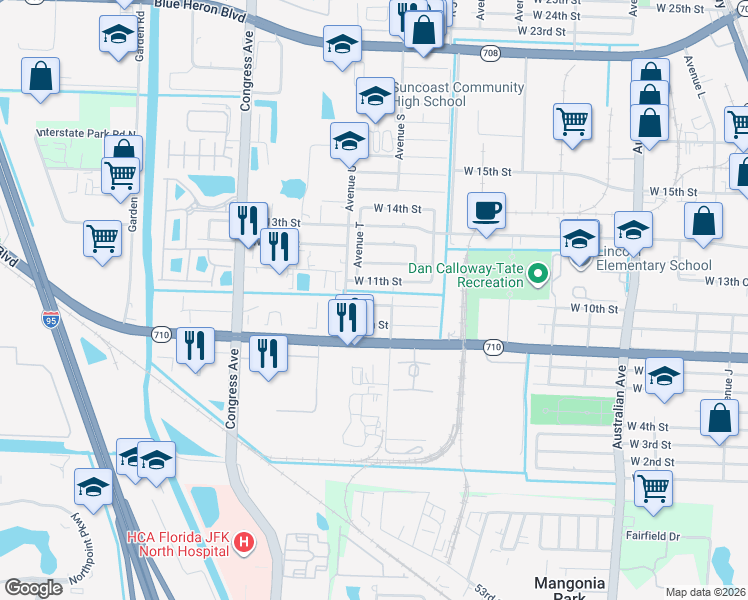 map of restaurants, bars, coffee shops, grocery stores, and more near 1634 West 10th Street in Riviera Beach