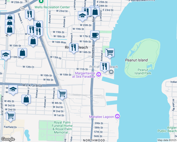 map of restaurants, bars, coffee shops, grocery stores, and more near 68 West 11th Street in West Palm Beach