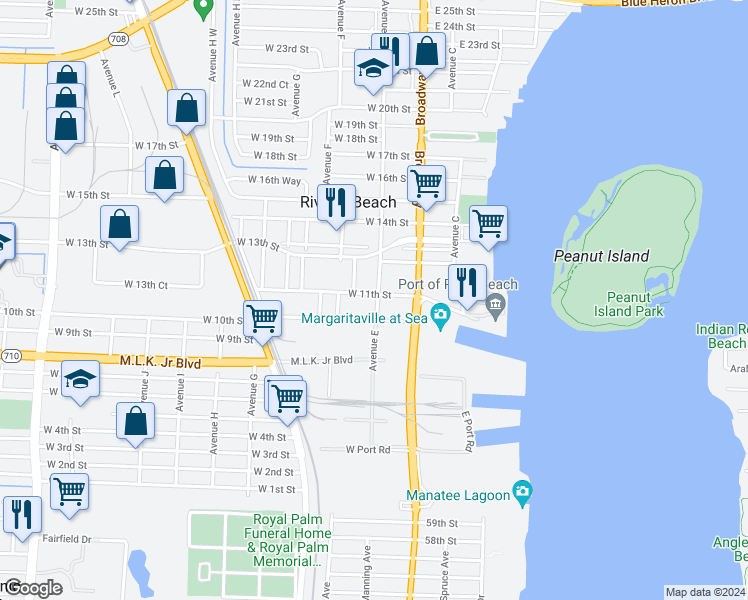 map of restaurants, bars, coffee shops, grocery stores, and more near 68 West 11th Street in West Palm Beach