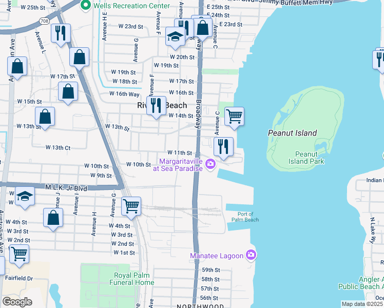 map of restaurants, bars, coffee shops, grocery stores, and more near 1101 Broadway Avenue in Riviera Beach