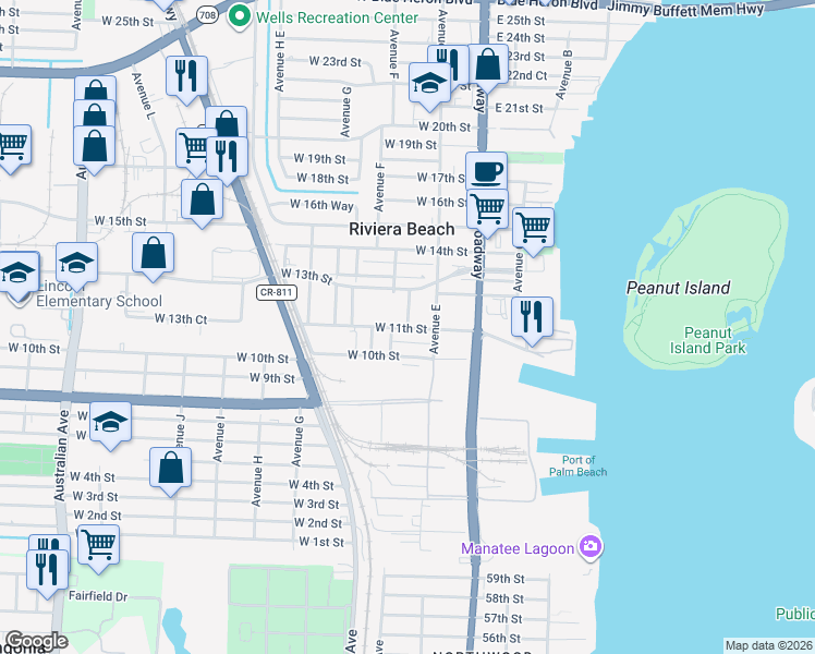 map of restaurants, bars, coffee shops, grocery stores, and more near 156 West 11th Street in Riviera Beach