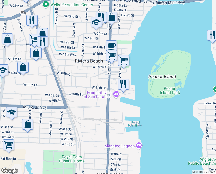 map of restaurants, bars, coffee shops, grocery stores, and more near 1101 Broadway in Riviera Beach