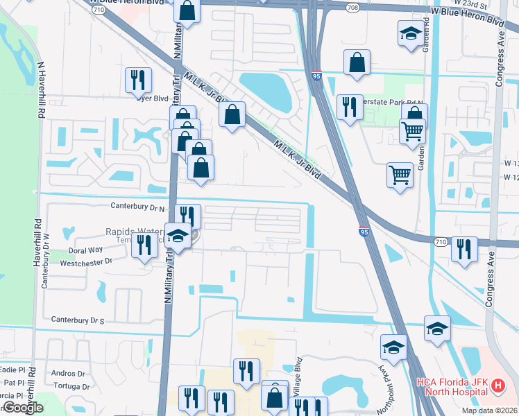 map of restaurants, bars, coffee shops, grocery stores, and more near Holiday Boulevard in Riviera Beach