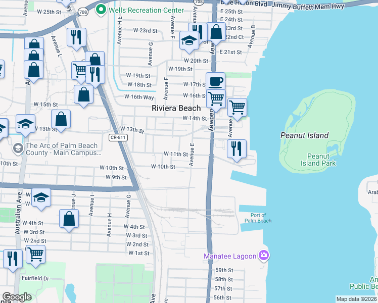 map of restaurants, bars, coffee shops, grocery stores, and more near 68 West 11th Street in West Palm Beach