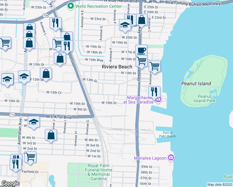 map of restaurants, bars, coffee shops, grocery stores, and more near 156 West 11th Street in Riviera Beach